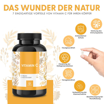 NATURALKRAFT® Vitamine C Premium 1000 Mg Par Dose Quotidienne avec Poudre de Phospholipide de Tournesol et Extrait de Mûrier - 180 Capsules Véganes - Plus Haute Bio-disponibilité, Testé en Laboratoire et Sans Additifs.