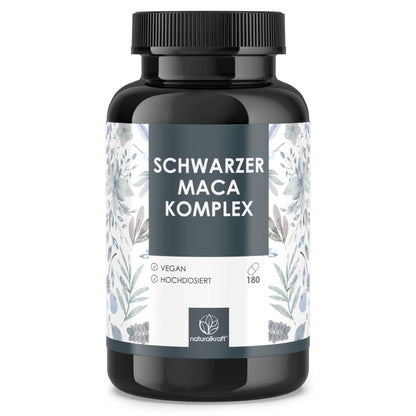Gélules de Complexe de Maca Noir - Dose Élevée et Efficace - Extrait de Racine de Maca Noir 3000 mg, Extrait de Racine de Maca Jaune 2000 mg, Ginseng - Végan et Testé en Laboratoire - 180 Gélules