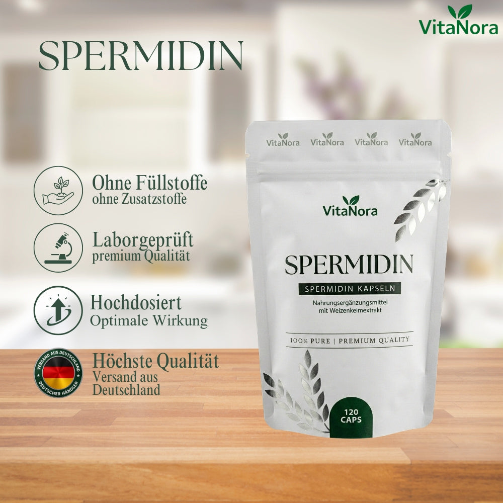 Gélules de Spermidine à Dose Élevée – 120 Gélules Véganes avec 6 mg de Spermidine par Gélule à partir de Germe de Blé – Extrait de Germe de Blé sans Additifs