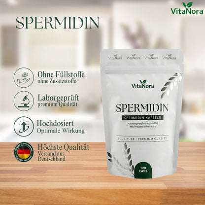 Gélules de Spermidine à Dose Élevée – 120 Gélules Véganes avec 6 mg de Spermidine par Gélule à partir de Germe de Blé – Extrait de Germe de Blé sans Additifs