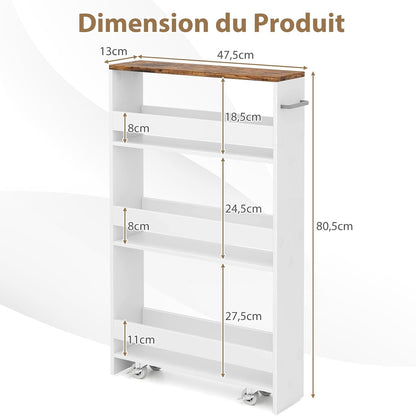 Chariot de rangement mince avec roues, chariot de cuisine étroit à quatre niveaux avec étagères et poignée