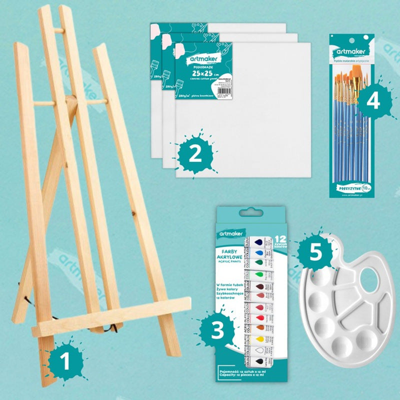 Grand Ensemble de Peinture Artmaker, Ensemble Artistique Complet pour la Peinture avec Chevalet en Bois de 50 cm, 3 Toiles de 25X25 cm, Peintures Acryliques de 12X12 ml, 10 Pinceaux et Palette de Peinture, Ensemble en Plastique Professionnel pour Débutant