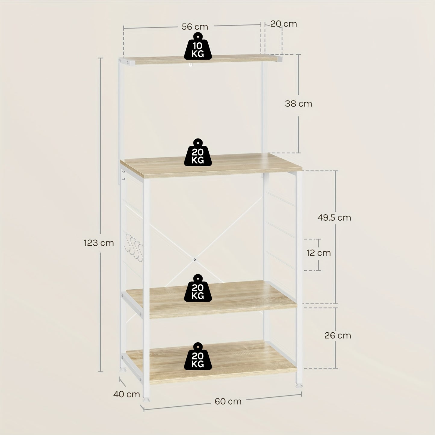 1 étagère de cuisine sur pied, étagère pour micro-ondes, étagère à pain, étagère de ménage, chêne clair + blanc