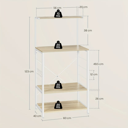 1 étagère de cuisine sur pied, étagère pour micro-ondes, étagère à pain, étagère de ménage, chêne clair + blanc