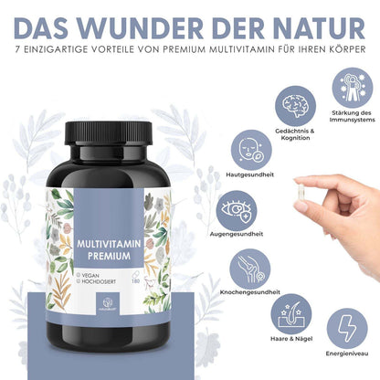 NATURALKRAFT® Multivitamines Premium - Complexe A-Z à haute dose, 180 capsules véganes avec vitamines et minéraux essentiels, incluant la vitamine C, D3, B12, le zinc, le magnésium et les OPC - Testé en laboratoire