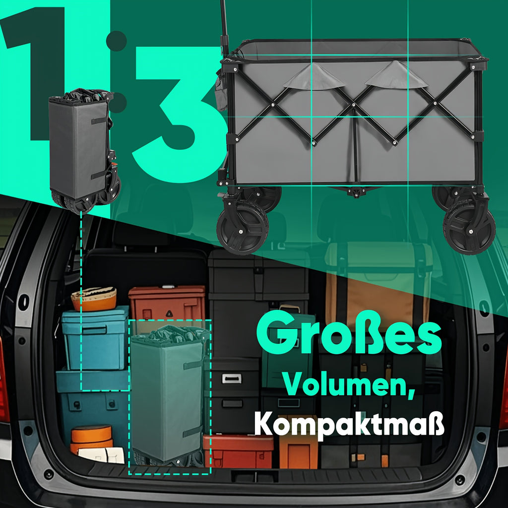 Chariot Pliant Tout-Terrain Robuste 200L/ Capacité 330kg, Roues PU 17x10cm avec Freins, Conception Pliable à 4 Voies Brevetée, Toile Durable Verte/ Bleu-Gris/ Noir/ Anthracite, GS- pour Chantiers/ Camping, Chariot de Transport Professionnel