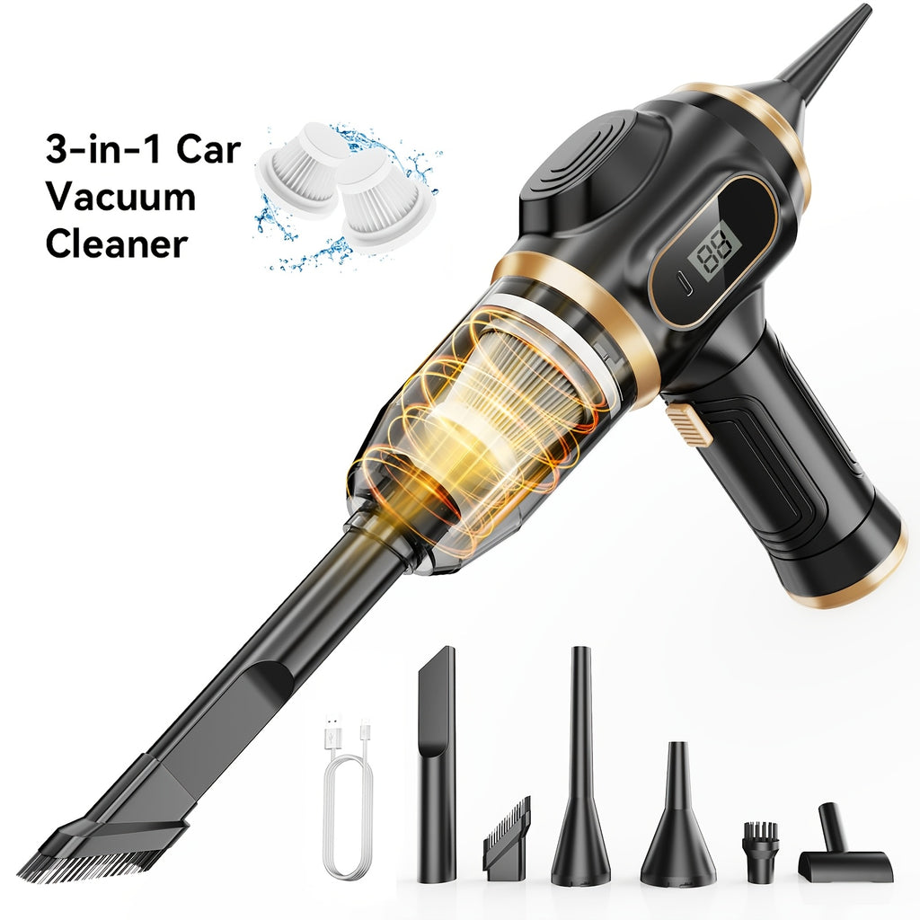 BELIBUY Aspirateur à main multifonction USB rechargeable, affichage de la puissance, lames de ventilateur, faible bruit de 70 Db, double usage soufflerie et aspiration, nettoyage bidirectionnel double mode, utilisation à la maison et en voiture, cartouche