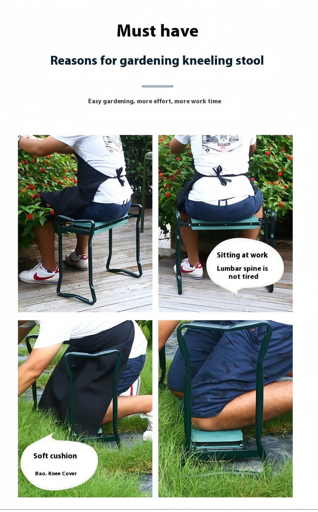 Genouillère et siège de jardin pliable | Outils de jardinage d'extérieur portables, conception peu encombrante, cadre durable en acier inoxydable, coussin épais, idéal pour la plantation de fleurs et le désherbage, jardinage élégant