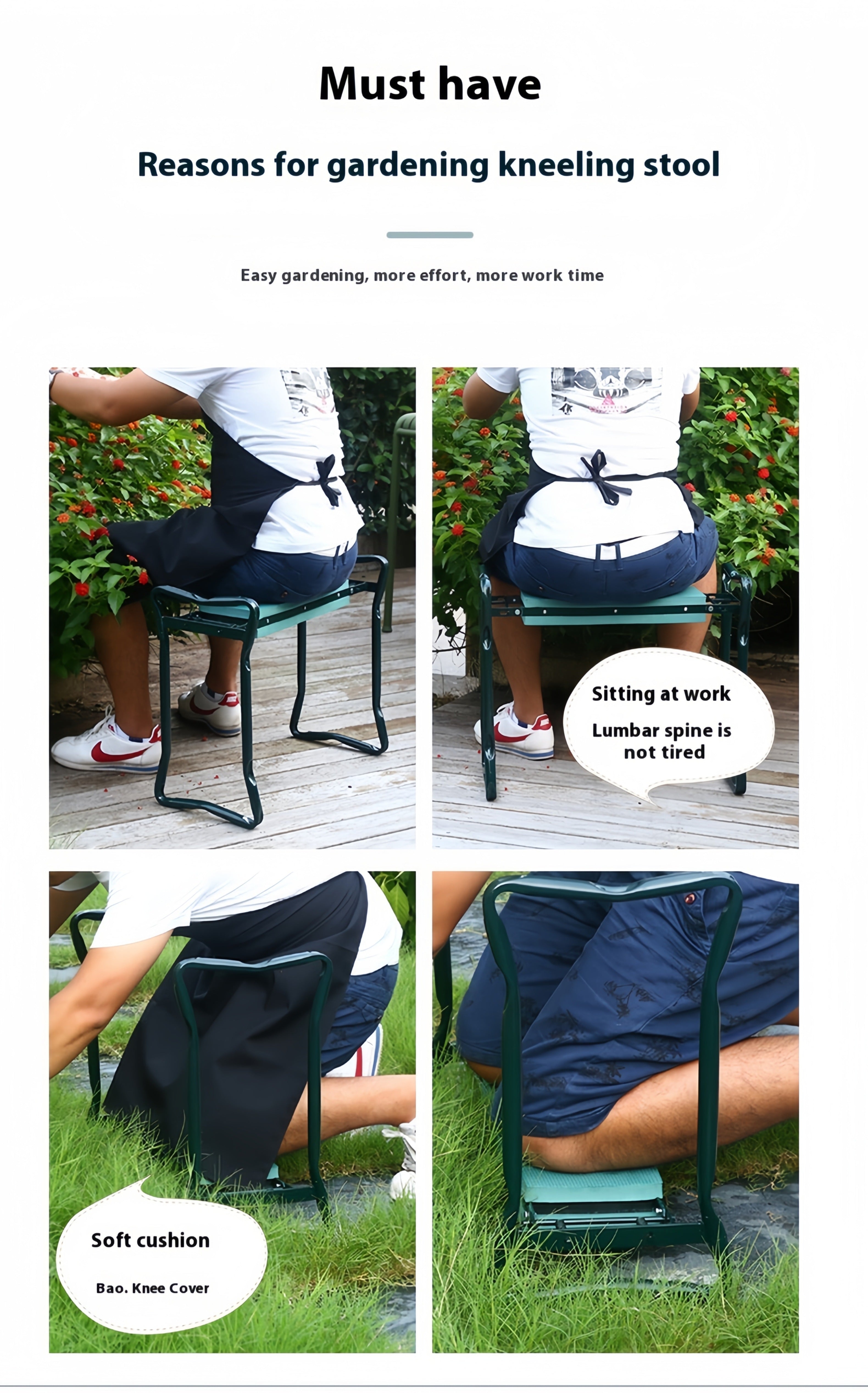 Genouillère et siège de jardin pliable | Outils de jardinage d'extérieur portables, conception peu encombrante, cadre durable en acier inoxydable, coussin épais, idéal pour la plantation de fleurs et le désherbage, jardinage élégant