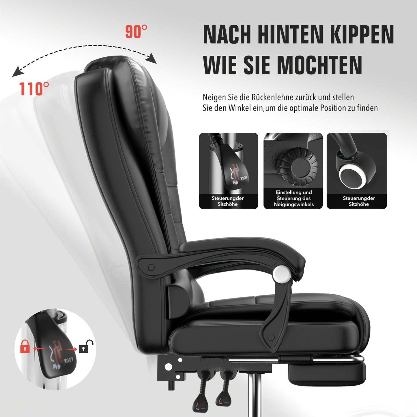 Chaise de bureau exécutive avec repose-pieds et support lombaire, chaise ergonomique inclinable pour ordinateur, dossier réglable, robuste, pivotante à 360° pour bureau à domicile (Noir)
