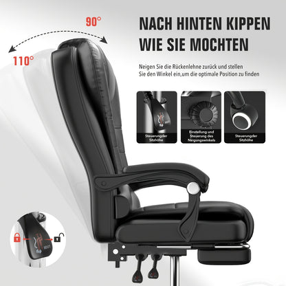 Chaise de bureau exécutive avec repose-pieds et support lombaire, chaise ergonomique inclinable pour ordinateur, dossier réglable, robuste, pivotante à 360° pour bureau à domicile (Noir)