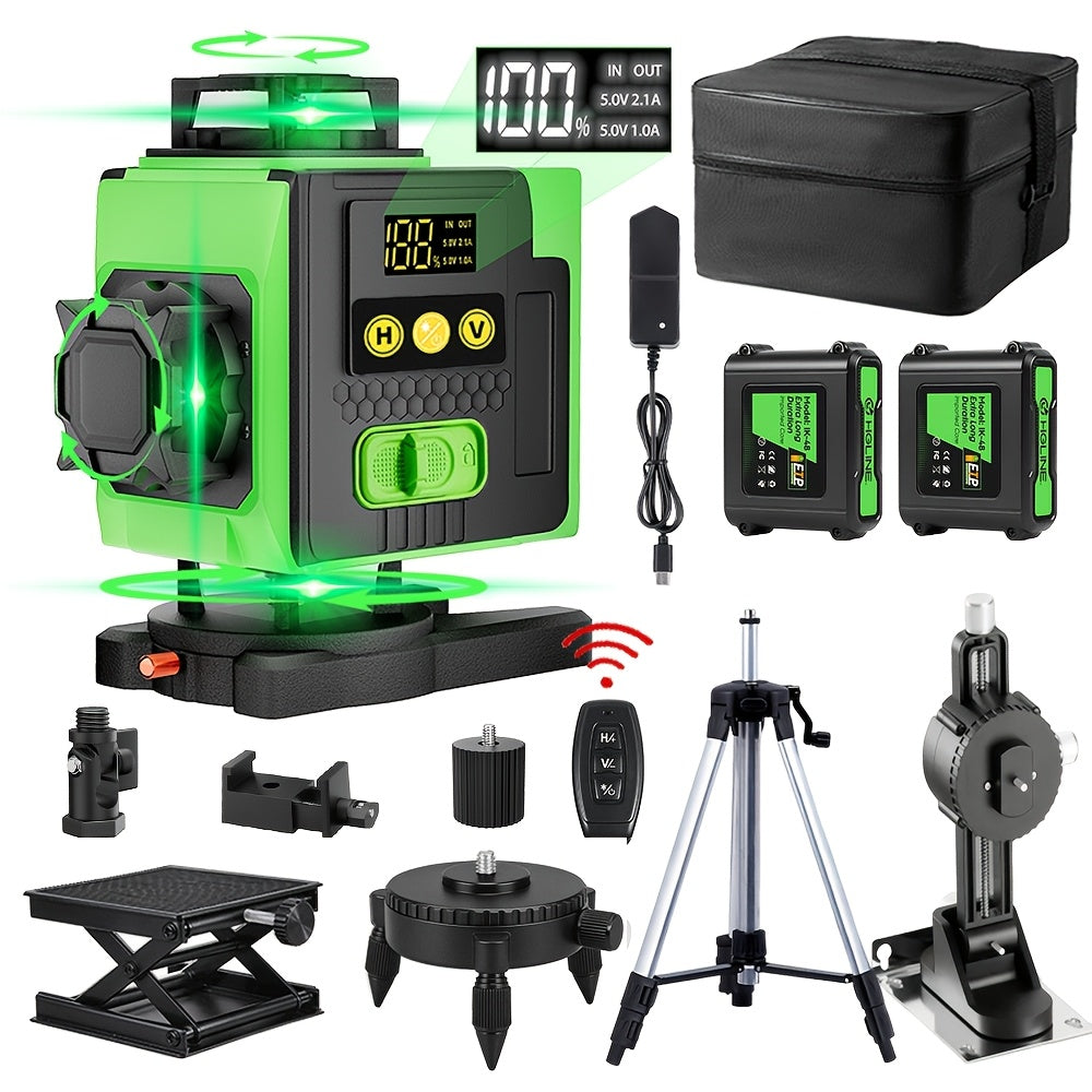 1 Ensemble Niveau Laser 16 Lignes 360 Nivellement Automatique, Outil de Niveau Laser à Ligne Croisée Verte 4X360° pour la Construction et la Suspension de Tableaux, Niveau Laser 4D avec 2 Batteries Rechargeables