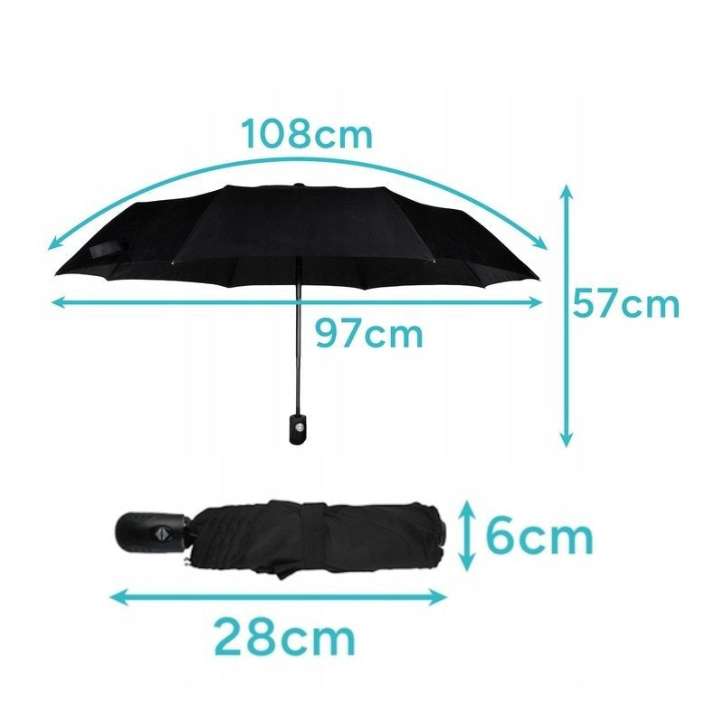 PARAPLUIE XXL NOIRE PLIANTE AUTOMATIQUE ET RÉSISTANTE AU VENT. Ouverture et fermeture à un bouton. Armature robuste à 8 baleines en acier à ressort et fibre de carbone. Diamètre XXL de 96 cm. Matériau à séchage rapide avec revêtement UV. Longueur compacte