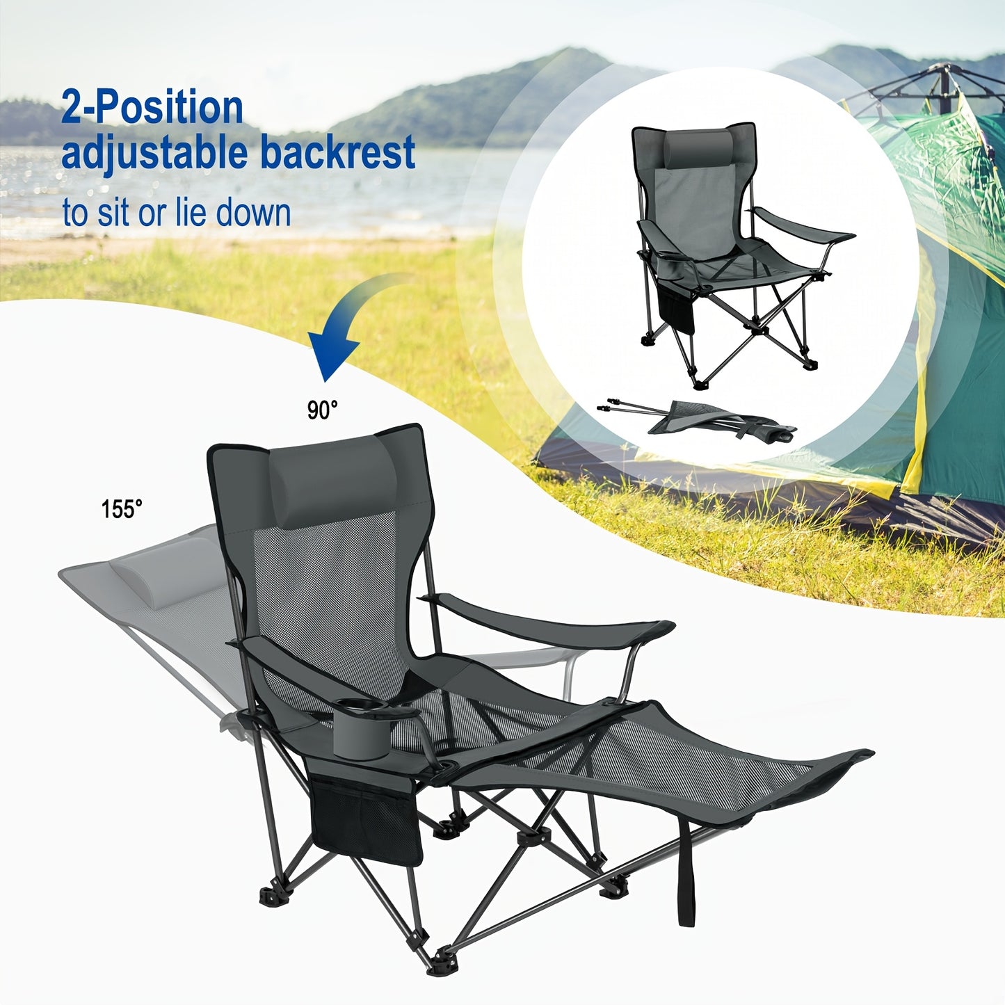 1pc Chaise de camping pliable et portable, chaise de pêche d'extérieur légère, dossier à grille pour la ventilation, repose-pieds amovible, dossier réglable, grille latérale pour ranger les gobelets d'eau, matériau en tissu Oxford, tube métallique épais d