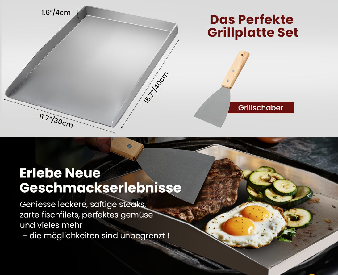 Plaque de Grill en Acier Inoxydable d'Épaisseur 4mm avec Spatule - Plateau de Barbecue 12"x16" pour Grils à Gaz et au Charbon, Lavable au Lave-Vaisselle, Antirouille, Durable et Facile à Nettoyer, Accessoire de Grillage Extérieur | Ustensiles de Cuisine M