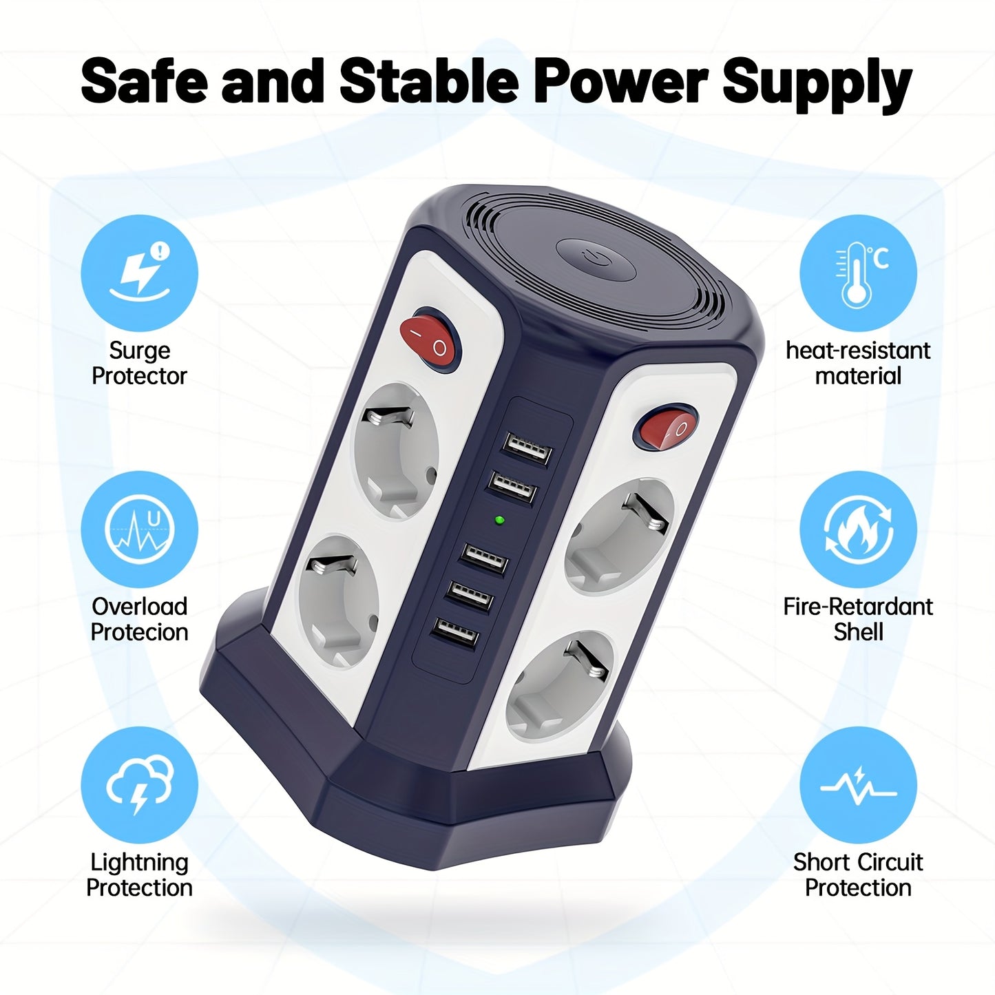[Protection surtension] Barre d'alimentation avec 8 prises et 5 ports, lumière de nuit à 3 niveaux, câble prolongateur 10 pi/3 m, prise EU 2500 W 10 A, protection contre les surtensions pour bureau à domicile, 2 couleurs (noir, bleu-blanc)