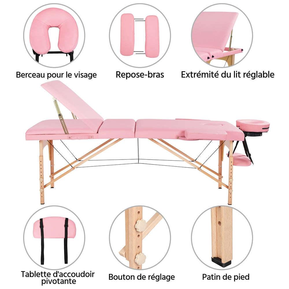 Costoffs Table de Massage Professionnelle 3 Sections Pliable - Hauteur Réglable (8 Niveaux) - Structure en Bois de Hêtre Rose Massif 250kg - Avec Dossier/Têtière/Repose-bras - Pour Clinique, Domicile, Salon de Beauté & Spa