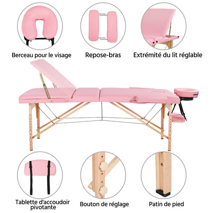 Costoffs Table de Massage Professionnelle 3 Sections Pliable - Hauteur Réglable (8 Niveaux) - Structure en Bois de Hêtre Rose Massif 250kg - Avec Dossier/Têtière/Repose-bras - Pour Clinique, Domicile, Salon de Beauté & Spa