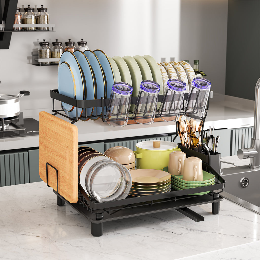 Égouttoir à vaisselle à 2 niveaux, égouttoir pour plan de travail de cuisine, avec tuyau de drainage réglable, équipé d'un boîtier à couverts, convient pour ranger assiettes, tasses et planches à découper