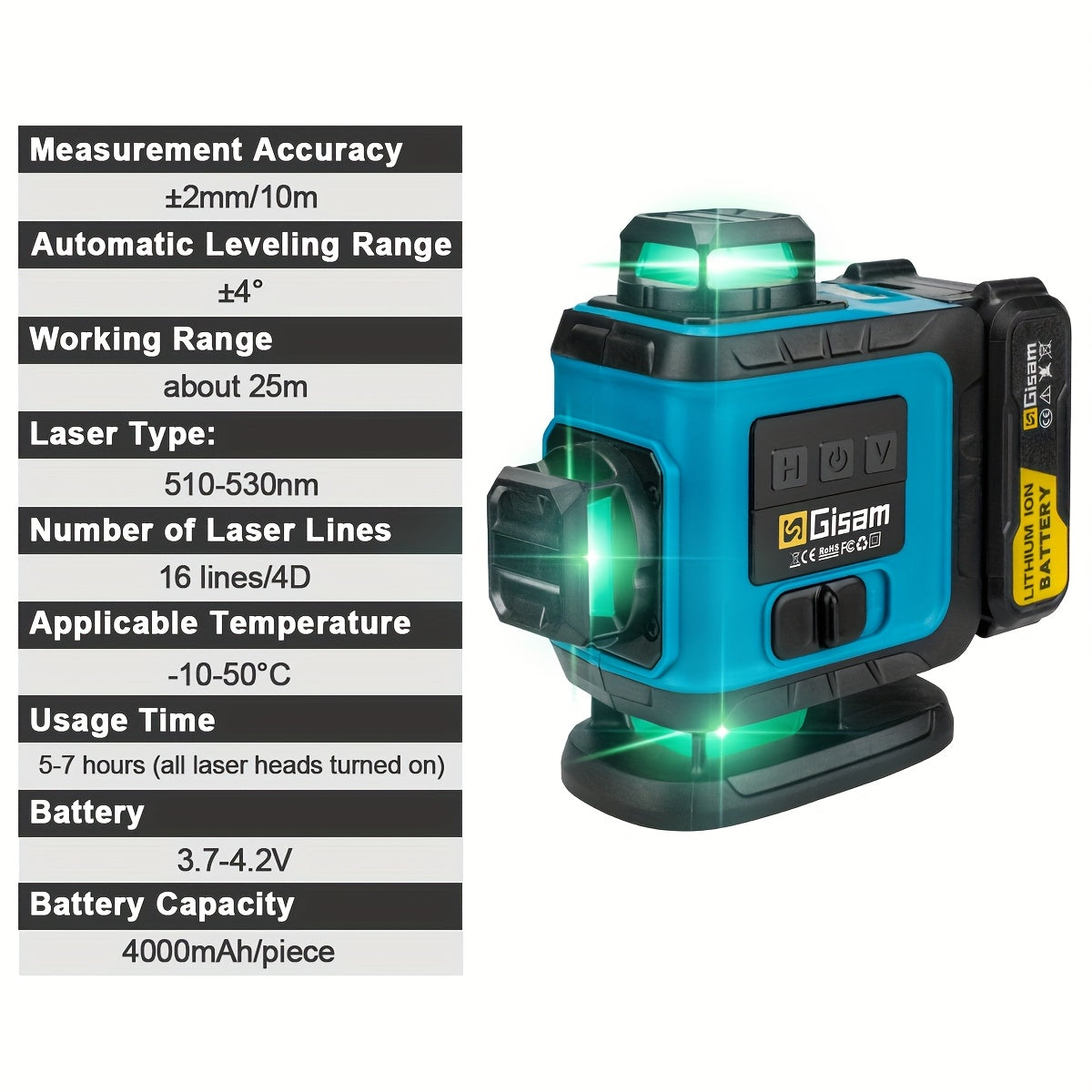 Niveau laser 4D vert Gisam 16 lignes avec trépied et contrôle par application, 4 x 360° auto-nivellement horizontal vertical croisé, outil de construction haute précision avec batterie lithium rechargeable, pour rénovation domicile et projets d'ingénierie