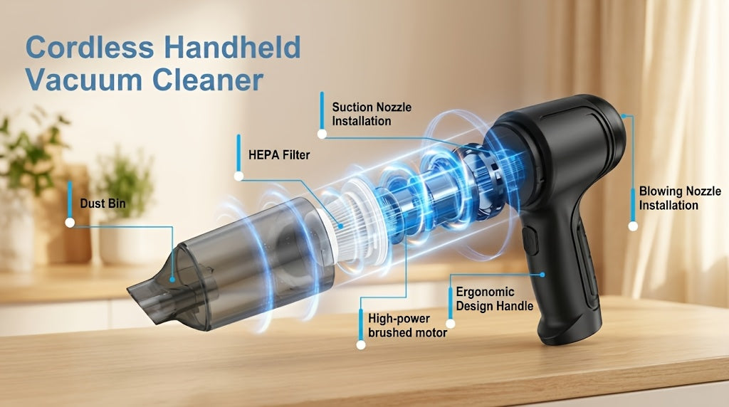 Aspirateur puissant rechargeable USB, aspirateur à main domestique, avec fonctions de soufflage et d'aspiration, mini et portable. Convient pour nettoyer la poussière, les miettes de collation, les cheveux, et applicable aux canapés, tapis, bureaux et esc
