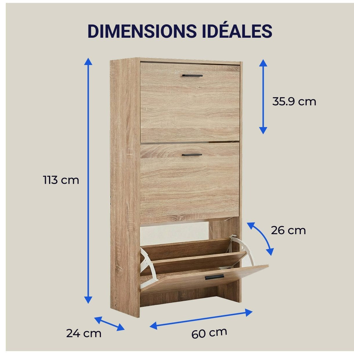 Meuble à chaussures avec 3 compartiments à abattant, armoire de rangement en bois pour jusqu'à 18 paires, organisateur d'entrée peu encombrant