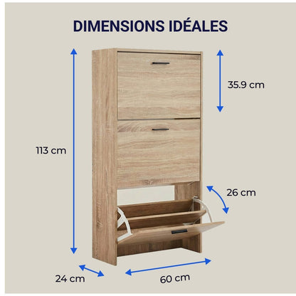 Meuble à chaussures avec 3 compartiments à abattant, armoire de rangement en bois pour jusqu'à 18 paires, organisateur d'entrée peu encombrant