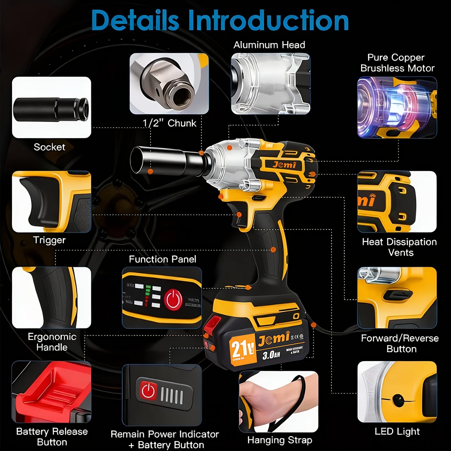 Jemi Tool 21V Clé à Choc sans Fil, Ensemble, Vitesse de 4500 RPM, Couple Élevé, Entraînement 1/2 Pouce, Livré avec Douille ou Adaptateur de Mandrin de Perceuse 13 mm, Batterie 3.0Ah, Chargeur Rapide, Disponible dans un Étui en Plastique, Idéal pour la Rép