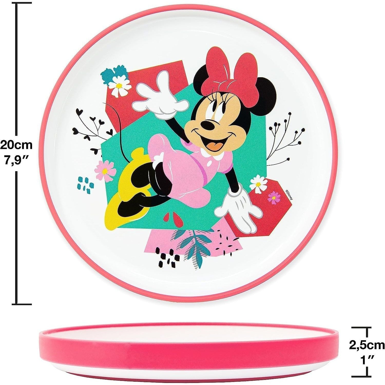 Ensemble de vaisselle réutilisable pour enfants, bicolore – Ensemble de 3 pièces : assiette, bol et tasse pour enfants et bébés avec base antidérapante – (Pour MINNIE MOUSE)