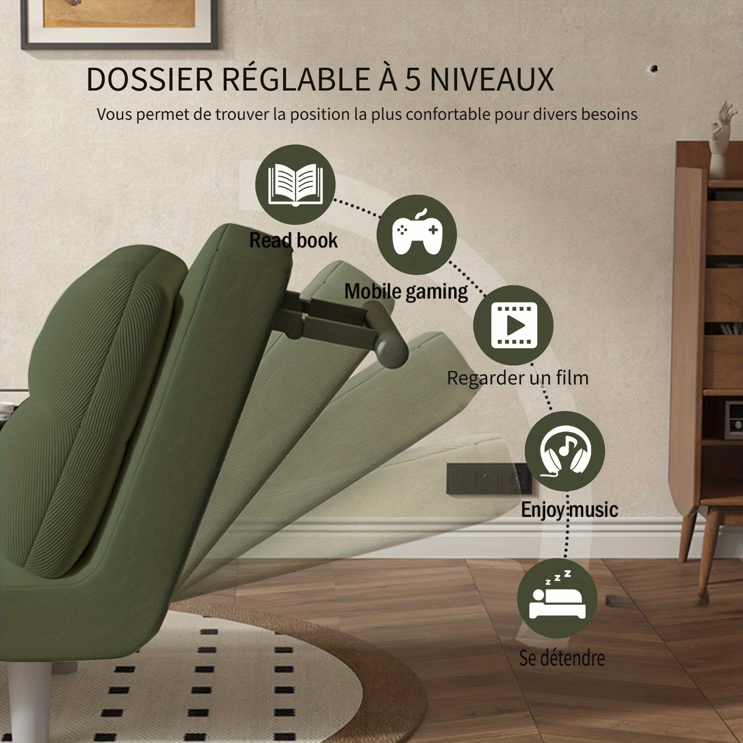 Canapé-lit pliable pour décoration de Noël d'appartement, confortable et durable, accoudoirs argentés, matériau en velours côtelé, plusieurs couleurs disponibles, polyvalent pour chambres à coucher, idée cadeau créative, décoration de Noël, cadeau personn