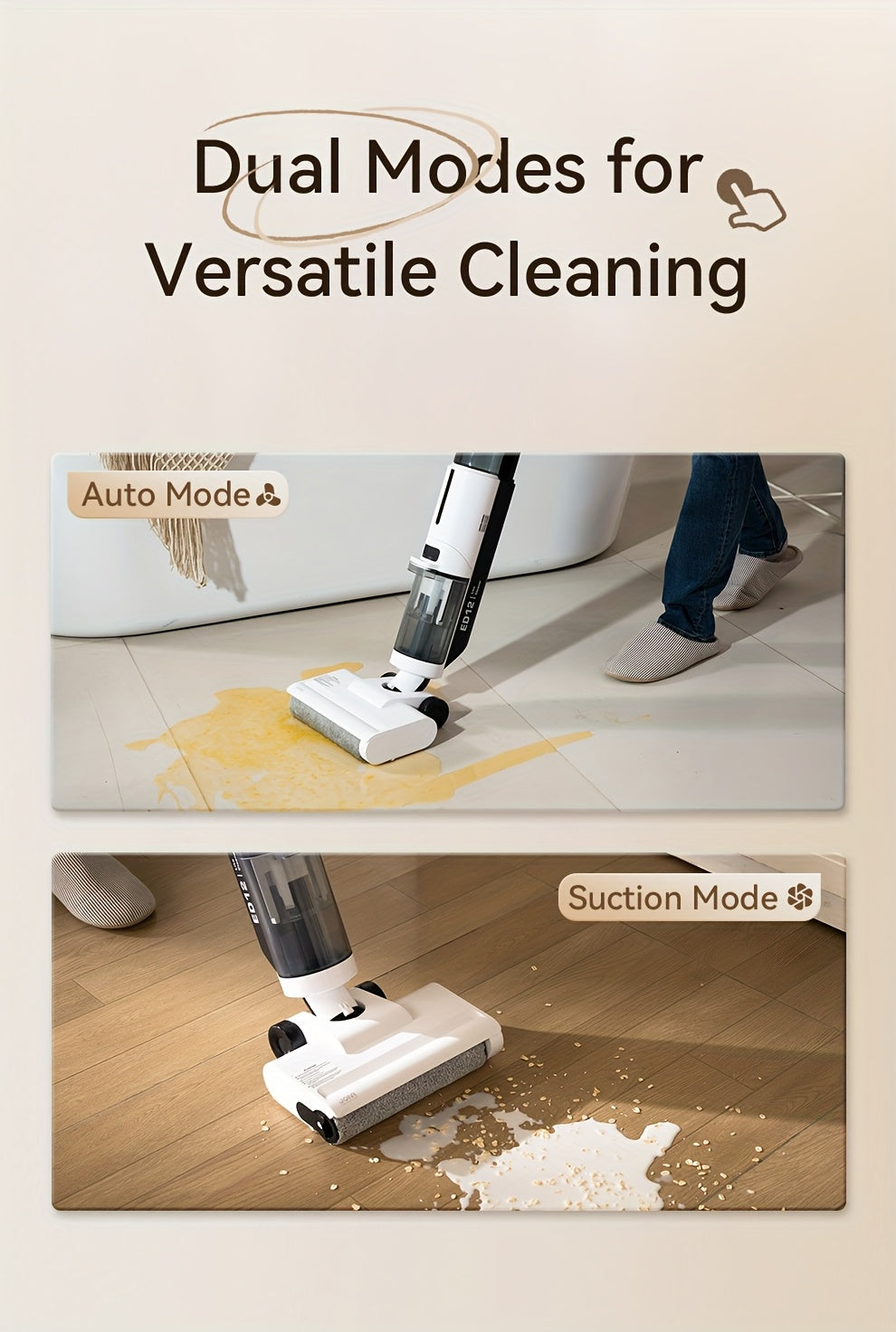 JONR ED12 Lite Balai Aspirateur Nettoyage Sec et Humide, Nettoyage Multi-Mode, Nettoyage des Bords 0.08 cm, Longue Autonomie, Forte Aspiration, Conception de Double Réservoir d'Eau