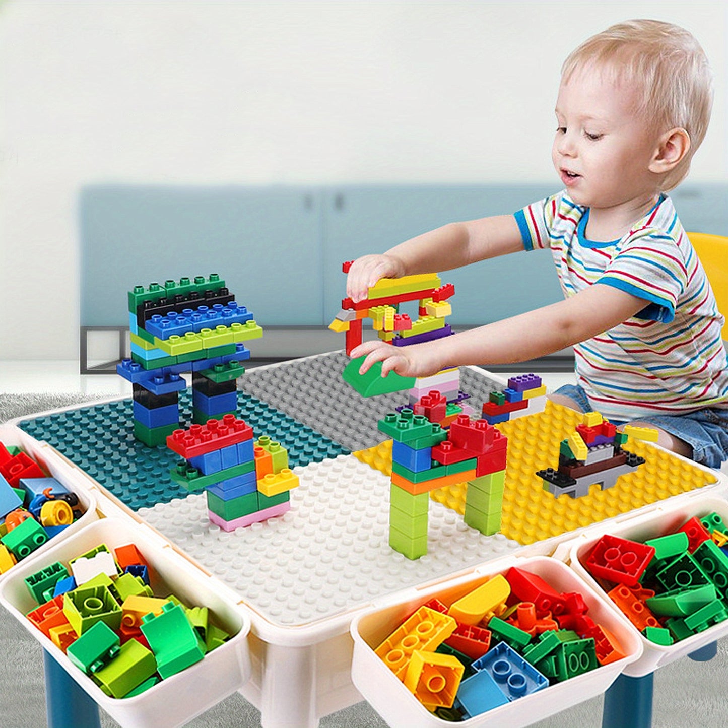Table de jeu d'activité, Ensemble de table d'activité multifonctionnelle, Ensemble de table et de chaises de blocs de construction, Table d'artisanat de chambre, Table d'étude, avec 2 chaises et 163 blocs de construction