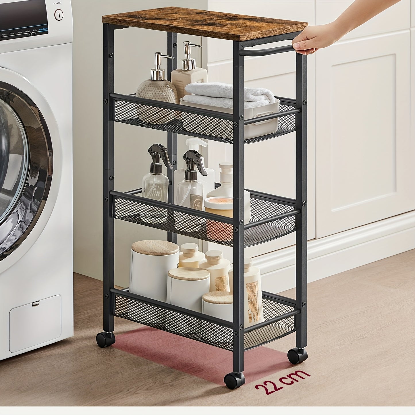 Chariot à 4 Étagères, Chariot de Cuisine Gain de Place avec Roulettes, Cadre en Acier, Poignée, pour Petits Espaces – Cuisine Salle de Bain Salon Studio