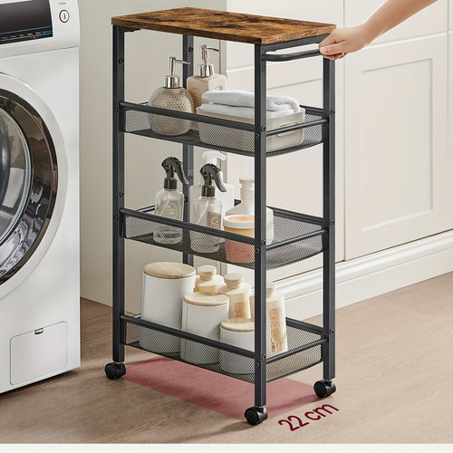 Chariot à 4 Étagères, Chariot de Cuisine Gain de Place avec Roulettes, Cadre en Acier, Poignée, pour Petits Espaces – Cuisine Salle de Bain Salon Studio