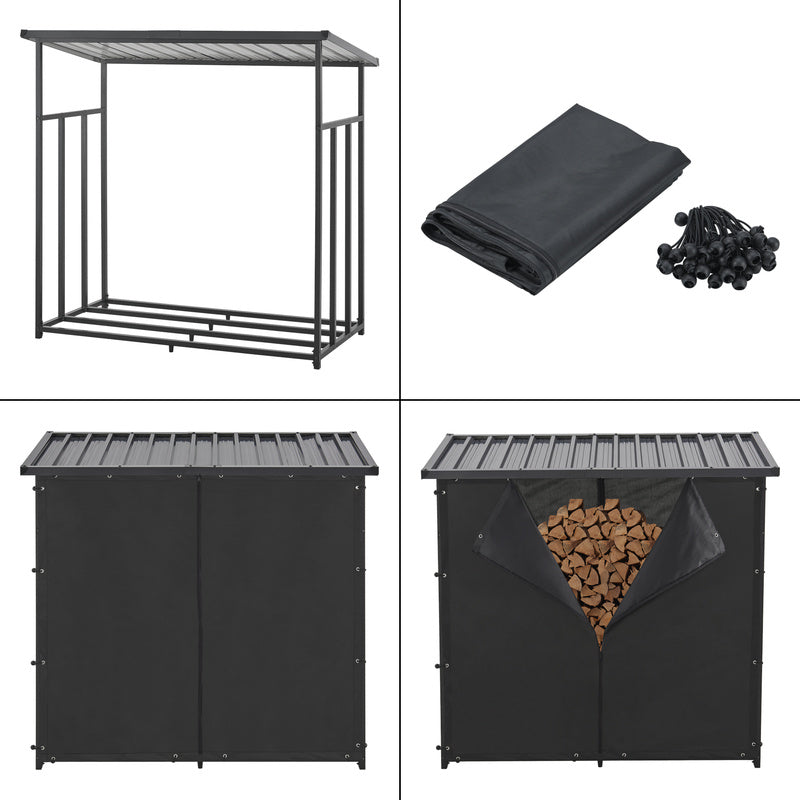 Porte-Bois de Chauffage Extérieur Yakutat avec Couverture, Support en Métal pour Bois de Chauffage, Étagère à Bûches et Aide à Empiler – Noir