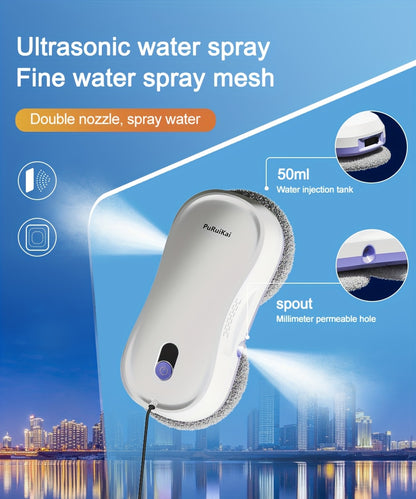 Robot Nettoyeur de Fenêtres Automatique PuRuiKaiM8 2026 | Alimentation Continue, Pulvérisation d'Eau Bidirectionnelle Automatique + Télécommande Intelligente | Corde de Sécurité -Chute de 4,5 mètres | Inclut 10 Chiffons de Nettoyage + Bouteille de Pulvéri
