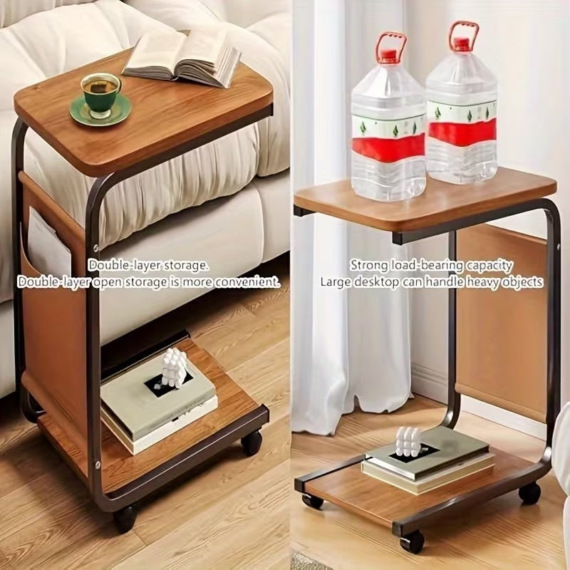Table d'appoint roulante moderne en forme de C avec sac de rangement, roulettes silencieuses pivotantes à 360°, table d'appoint pour canapé et chevet, parfaite pour votre salon, camping-cars, chambres, maisons et bureaux