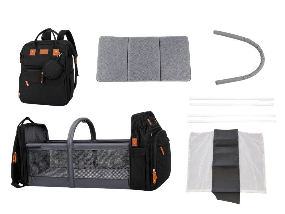 Sac à dos Maman avec lit et USB, Sac à dos multifonctionnel pour parents avec organisateur, Grand sac à dos de voyage avec fonction lit pour enfants, Sac à dos pratique pour la marche et les voyages, Lit pliable avec matelas, Sac à dos quotidien spacieux