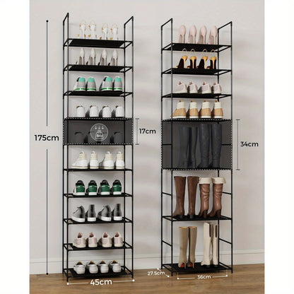 Étagère à chaussures 10 niveaux pour couloir et vestiaire, gain de place et étroite avec cadre métallique solide et polaire, pour l'entrée, la chambre, étagères amovibles, 6 kg par niveau