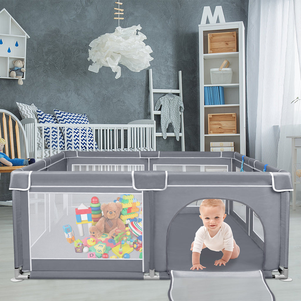 Parc de jeu gris avec maille respirante, parc pour bébé avec porte pour ramper, convient pour une utilisation intérieure et extérieure