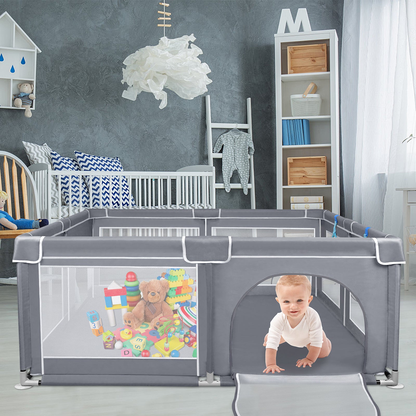Parc de jeu gris avec maille respirante, parc pour bébé avec porte pour ramper, convient pour une utilisation intérieure et extérieure