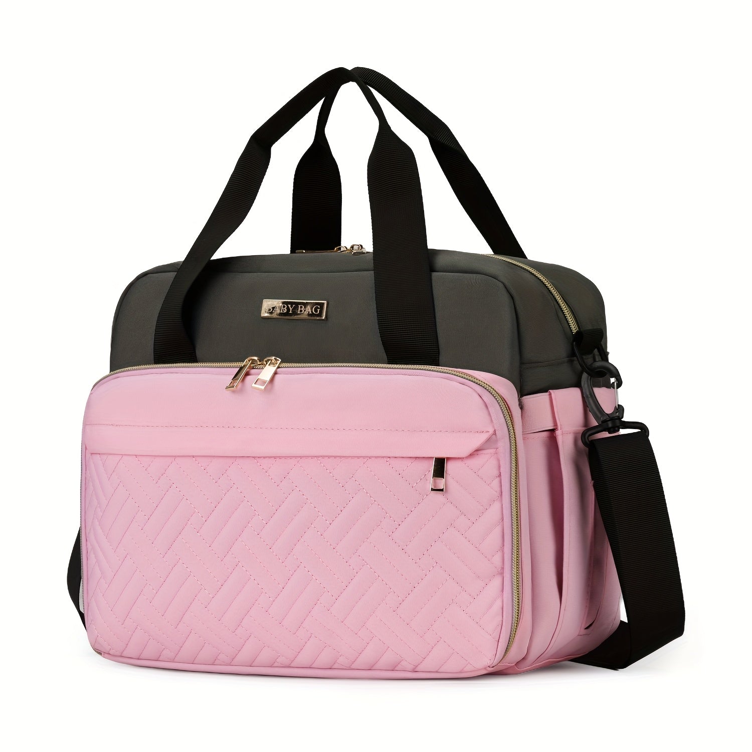 Sac à Langer Grande Capacité Compatible - Organisateur de Couches Multifonction en Tissu Oxford avec Bandoulière, Sac de Voyage Matelassé pour &, Rose/Gris ou Noir/Gris, Espace Spacieux pour Usage Quotidien et en Déplacement