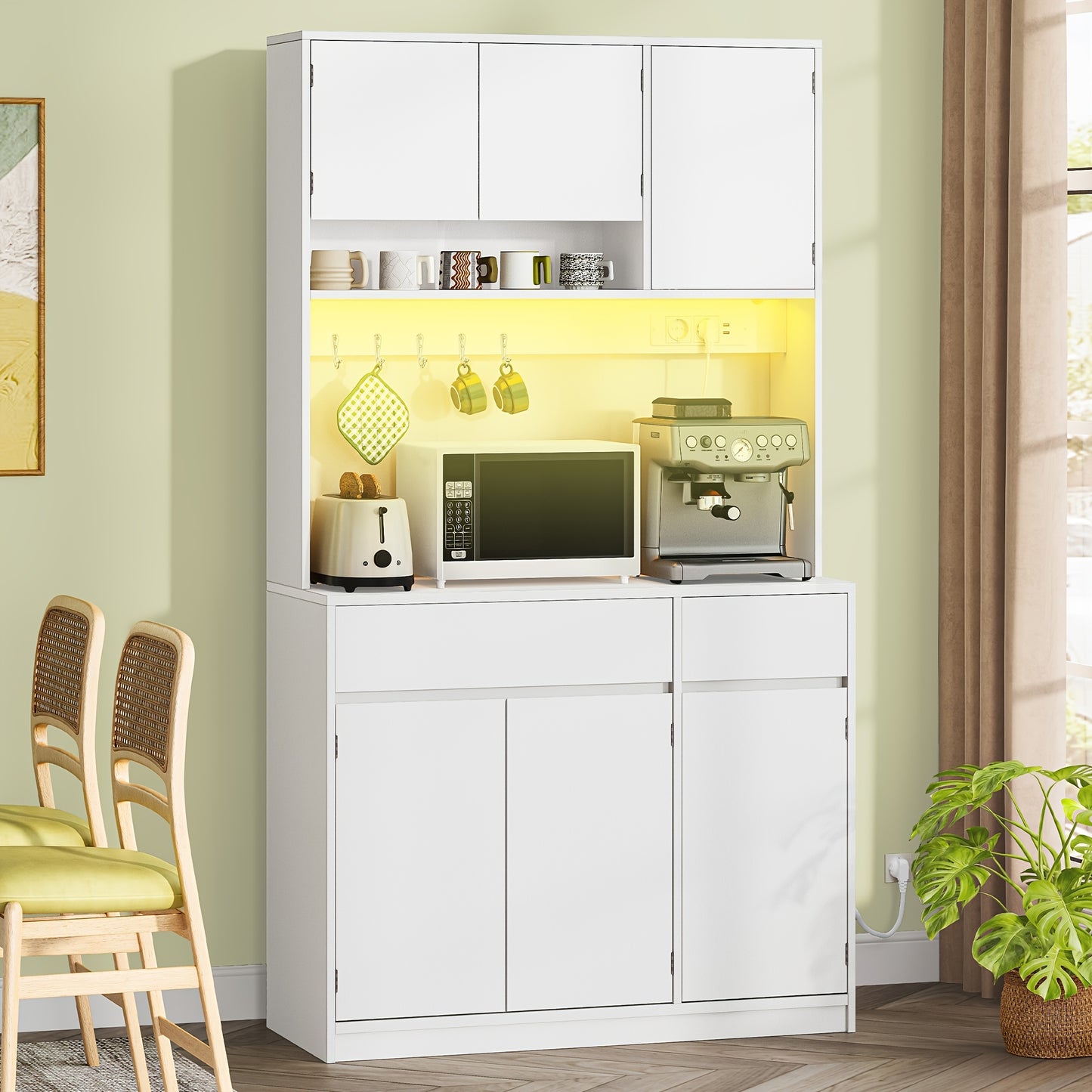 Armoire de cuisine moderne haute avec LED et stations, buffet/placard avec étagères réglables, plans de travail, deux tiroirs, en contreplaqué, debout (à assembler)