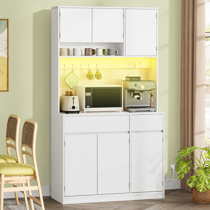 Armoire de cuisine moderne haute avec LED et stations, buffet/placard avec étagères réglables, plans de travail, deux tiroirs, en contreplaqué, debout (à assembler)