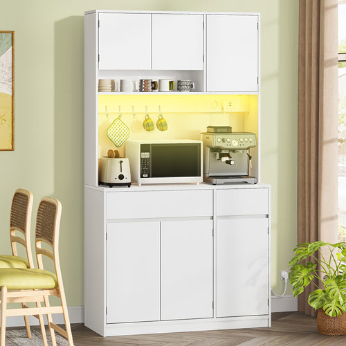 Armoire de cuisine moderne haute avec LED et stations, buffet/placard avec étagères réglables, plans de travail, deux tiroirs, en contreplaqué, debout (à assembler)