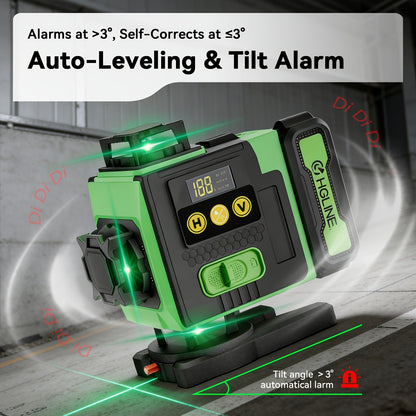 1 Ensemble Niveau Laser 16 Lignes 360 Nivellement Automatique, Outil de Niveau Laser à Ligne Croisée Verte 4X360° pour la Construction et la Suspension de Tableaux, Niveau Laser 4D avec 2 Batteries Rechargeables