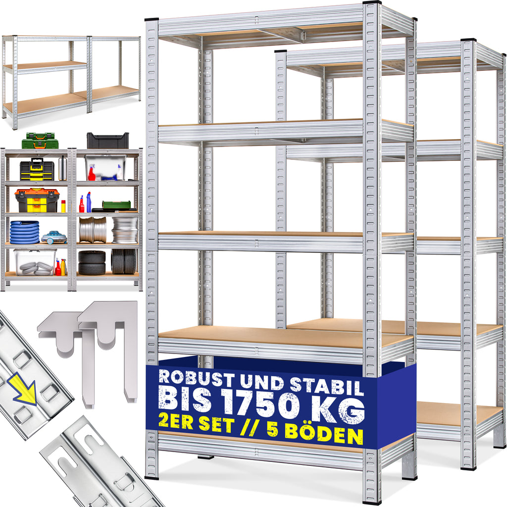 Étagère Robuste 2X 180x90x40cm Matériau de Montage 1750kg 10 Panneaux MDF Étagère de Rangement de Sous-sol Étagère à Brancher Étagère en Métal Étagère d'Atelier Argentée