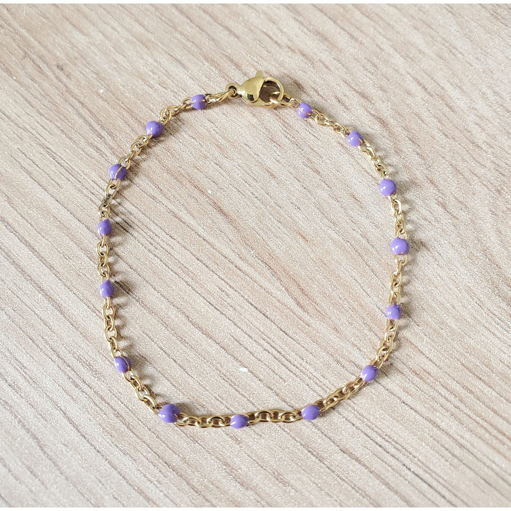 Bracelet perles d'email chaine acier inoxydable couleur or artisanal fait main