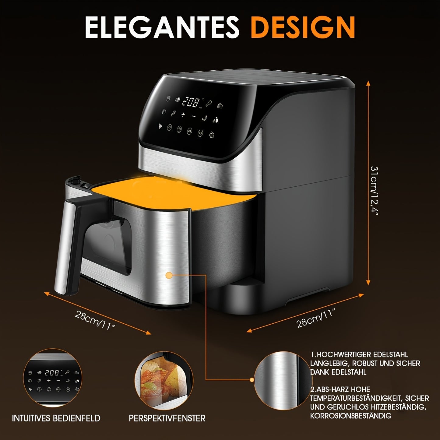 Friteuse à Air 9L avec Fenêtre Transparente - Friteuse Carrée 10-en-1 : Friture, Rôtissage, Réchauffage, Déshydratation, Cuisson, Cuisson à la Vapeur, Frites, Crème Anglaise, Poulet, Ailes, Fruits de Mer, Légumes