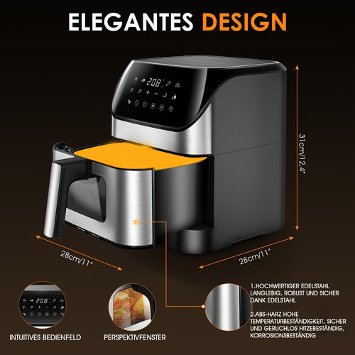 Friteuse à Air 9L avec Fenêtre Transparente - Friteuse Carrée 10-en-1 : Friture, Rôtissage, Réchauffage, Déshydratation, Cuisson, Cuisson à la Vapeur, Frites, Crème Anglaise, Poulet, Ailes, Fruits de Mer, Légumes